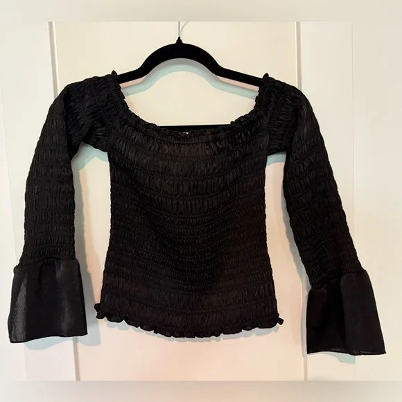 FRAME Smocked Off Shoulder Top in Black Size XS - Picture 11 of 16